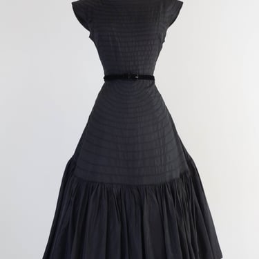 Dramatic 1950's Jet Black Corded Taffeta Cocktail Dress / SM