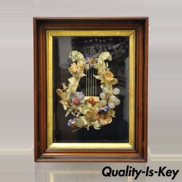 Antique Victorian Harp Design Flower Mourning Wreath Mahogany Shadow Box Frame