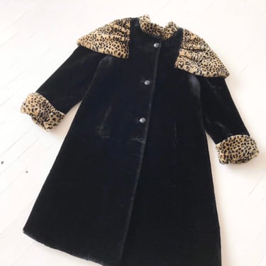 1980s Black + Leopard Faux Fur Coat 