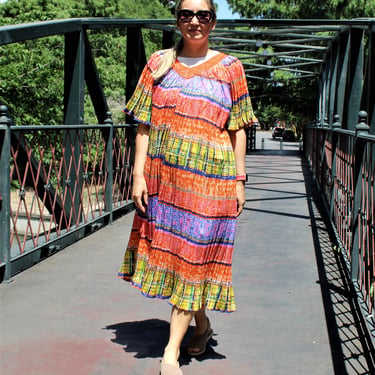 Vintage 80s Naqui New York Boho Dress, Hippie Caftan, One Size, Multicolor, Loose Fit 