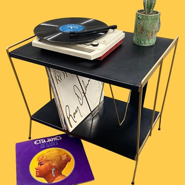 Vintage Record Player Table Retro 1960s Mid Century Modern + Black and Gold + Metal + Two-Tier + Vinyl Record Storage + Atomic Furniture 