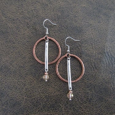 Modern industrial copper and crystal hoop earrings 