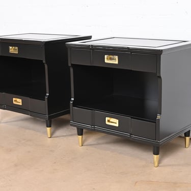 John Widdicomb Mid-Century Modern Hollywood Regency Black Lacquered Nightstands, Newly Refinished