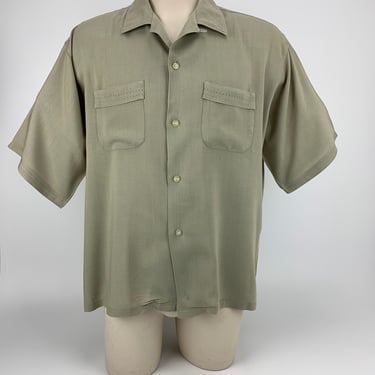1950's Rayon Shirt - Sage Green Light Weight Fabric-  - Patch Pocket Top Stitching - Loop Collar - Size EXTRA LARGE 