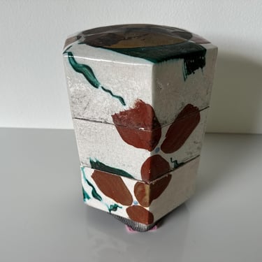 Donna Polseno Art Pottery Hexagonal Stacking Box with Hand-Painted Design 