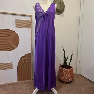 Vintage USA Made Purple 90s Silky Lace Sheer Deep V Maxi Slip Dress 