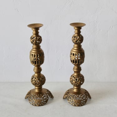 Art Nouveau Brass Table Top Candle Holders Vintage Mid Century -a pair 