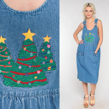Christmas Denim Dress 90s Jean Jumper Midi Xmas Tree Ornaments Overall Dress Blue Pinafore Low Armhole Sleeveless Vintage 1990s Small S 