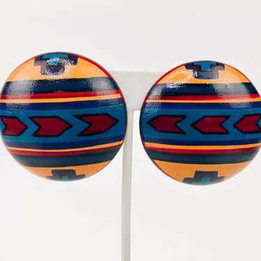 Vintage 1980s Giant Hand Painted 1 3/4" Round Wooden Earrings | Native American, Mexican, Tribal, Southwester, Western, Country, Lightweight 