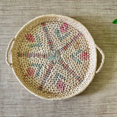 Vintage Round Woven Wall Basket with Handles - Pink Green Accents - Woven Tray 