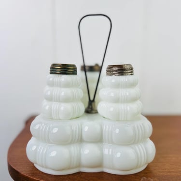 Antique Victorian Dithridge & Co Milk Glass Creased Bale Salt and Pepper Set, with Mustard Pot circa 1860s, from Canadian farmhouse kitchen 
