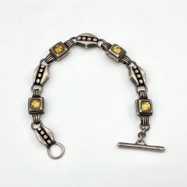 Vintage 1980s Lisa Jenks Sterling Silver and Citrine Link Toggle Bracelet, Signed Modernist Designer Jewelry 