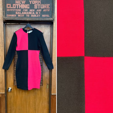 Vintage 1980’s 1960’s Style Mod New Wave Knit Colorblock Dress, New Wave, 1980s, 1960’s, Colorblock, Mod, Knit, Checker, Pink, Black, 
