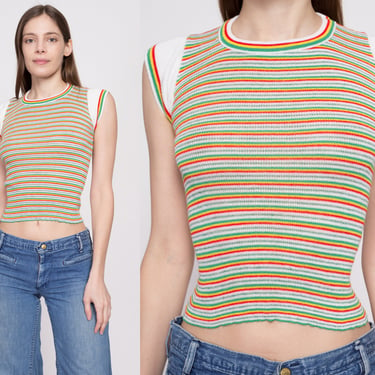 70s Colorful Striped Knit Top - Extra Small | Vintage Lettuce Hem Cap Sleeve Cropped Stretchy Shirt 
