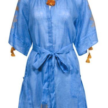 March 11 - Blue & Yellow Embroidered Belted Linen Shift Dress w/ Tassels Sz M