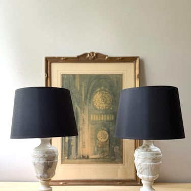 pair vintage italian alabaster table lamps - white marble urn lamp shades included 