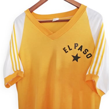 vintage Texas jersey / El Paso shirt / 1980s El Paso Ham striped yellow v neck ringer jersey shirt Large 