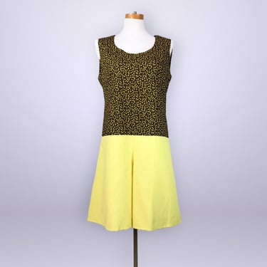 VINTAGE 60s Calico Floral Culottes Shorts Romper Plus Size 2X | 1960s Yellow and Brown Jumpsuit Playsuit Volup XXL | vfg 
