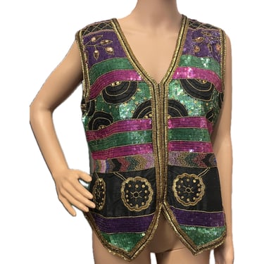 Laurence Kazan VIntage Sequin Vest, Pink and Purple Sequin Vest, Abstract Vest, 80s Vest, 80s Fashion, Funky Vest, Made in India, NWT Vest 