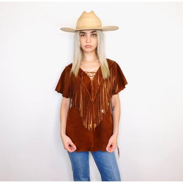 Deerskin Fringe Blouse // vintage 60s dress top shirt boho hippie leather suede hippy 1960's 1960s 1970s 60s deerskin // S Small 