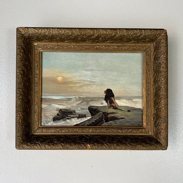 Vintage Sunset Ocean Landscape With Lion Oil Painting, Framed 