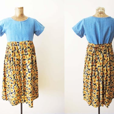 Vintage 90s Denim and Sunflower Mini Dress S - 1990s Grunge Empire Waist Babydoll Sundress 