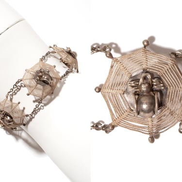 Antique Bracelet | Victorian Vintage Spider Spiderweb Web Silver Metal Chain Link Bracelet 