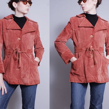 Vintage 1970's | Burnt Orange | Suede | Unisex | Large Collar | Leather | Jacket | M 