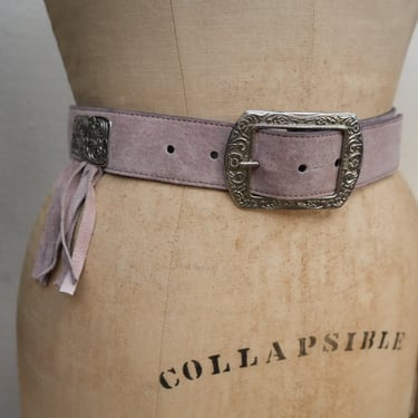 27-31.5" Belt 80s Fringe Belt / Lavender Purple Suede Leather Fringe Waist Cincher with Silver Hardware / Haute Hippie Belt / Boho Belt 