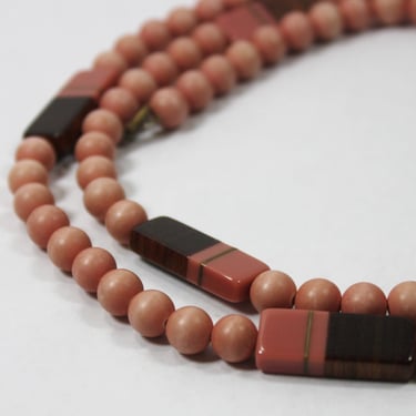 Art Deco Laminated Bakelite and Wood Rectangular Bead Necklace Pink and Brown 