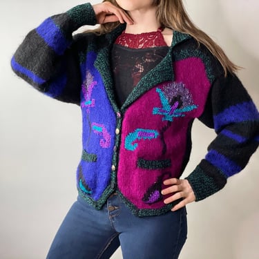 Vintage 80&#39;s Handknit Erika Knight Pink Green Icelandic Wool Mohair Blend Cardigan Sweater,  Made in England, Size M 