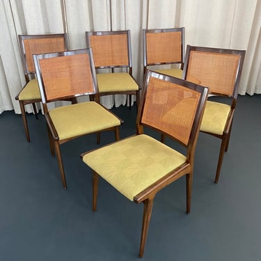 Set Of Six Mid-Century Modern Walnut And Cane Dining Chairs By DUX
