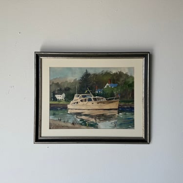 1970's Harry Mogroht Boat - Landscape Watercolor Painting, Framed 