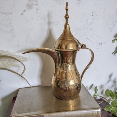 Vintage Ornate Indian Etched Brass Coffee Teapot Pitcher 