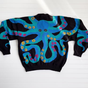 Christine Foley sweater 90s vintage colorful octopus novelty print hand knit cardigan 