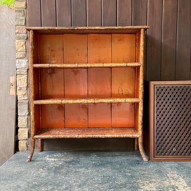 Victorian Burnt Tortoiseshell Bamboo Woven Rattan Book Shelf Vintage Antique 1800s Turn of the Century Bookcase Bookshelf 