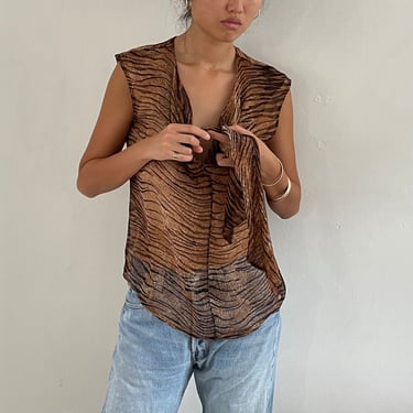 90s sheer silk blouse / vintage sheer silk animal tiger print ascot pussy bow sleeveless blouse top | M 