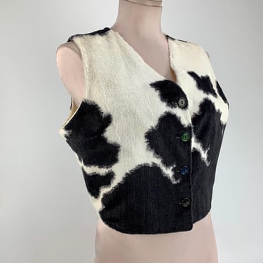 1960's Cropped Vest - Faux Cow Fur Plush - All Cotton - Satin Lined - Women's Medium 