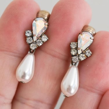 Vintage Faux Pearl and AB Rhinestone Dangle Clip Earrings 