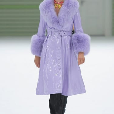 SAKS POTTS- 2019 Lavender Patent & Fox Fur Trimmed Coat, Size 8