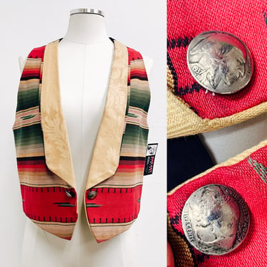 Vintage Southwestern Woven Tapestry Vest w 1937 Buffalo Nickel Buttons | 1980s, 1980s, 1930s, Retro, Rare, Coins, Unique 