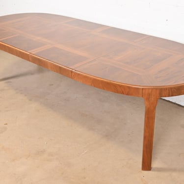 Drexel Heritage Mid-Century Modern Inlaid Burled Walnut Parquetry Extension Dining Table, Newly Refinished
