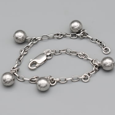 80's Italy 925 silver hollow balls charm bracelet, mod sterling dangling orbs rolo chain bracelet 