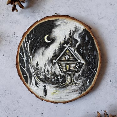 Baba Yaga Hut, hand-painted wood slice art, Slavic mythology, fairy tale, Russian folk take, witch house, forest cottage, unique gift 