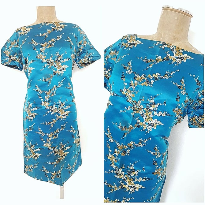 Vintage 50s Festive Cheongsam Dress Size Medium Cocktail Party Formal Silk Blue