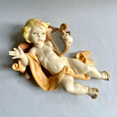 Vintage Harp Lyre Playing Cherub, Cupid, Angel - Blonde Baby, made in Italy, Christmas Home Decor, Hand Painted, Collectible, Resin Plastic 