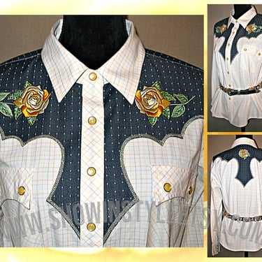 Victor Costa Vintage Retro Western Women's Cowgirl Shirt, Embroidered Yellow Roses & Rhinestones, Tag Size Medium (see meas. photo) 