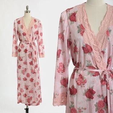 Vintage 70s pink floral lace nylon robe 