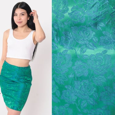 60s Floral Skirt Green Brocade Mini Skirt Blue Formal Party Skirt Cocktail Pencil Skirt High Waisted 1960s Vintage Small S 