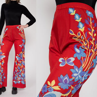 Medium 70s Red Floral & Butterfly Print Lounge Pants | Vintage High Waisted Boho Elastic Polyester Flared Trousers 